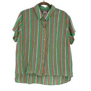 Cabi Size M Green Camp Shirt #6201 Orange/Coral/Green Stripe Linen Blend
